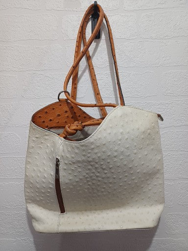Handbag Converts Into Backpack White Tan Zip Pockets Preloved - Good Condition