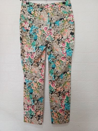 Women's Trousers Topshop Blue Multi Floral Tropical Print Straight Leg Size 8 Approx. 28" W 25.5" L - Very Good Condition