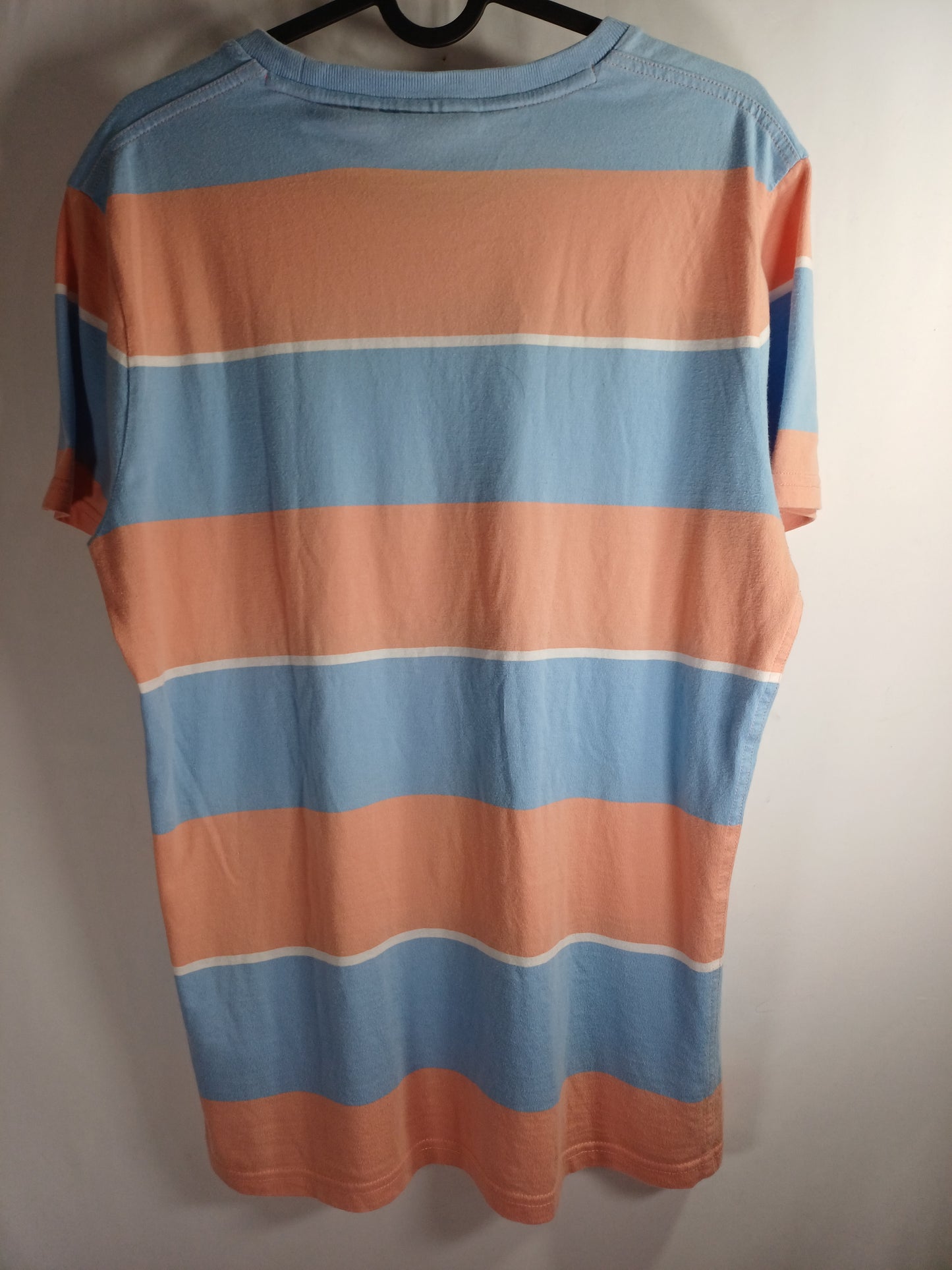 Superdry Men's Blue and Peach Stripes Top Medium 19" PTP - Very Good Condition