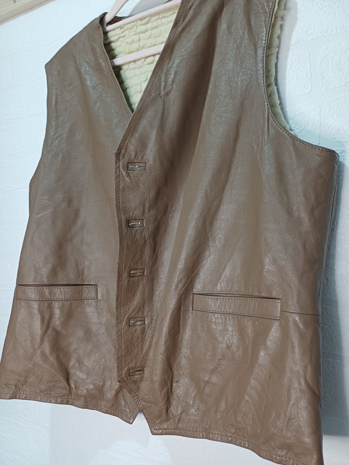 Unbranded Brown Leather Gilet Sherpa Lined 22" PTP - Fair Condition