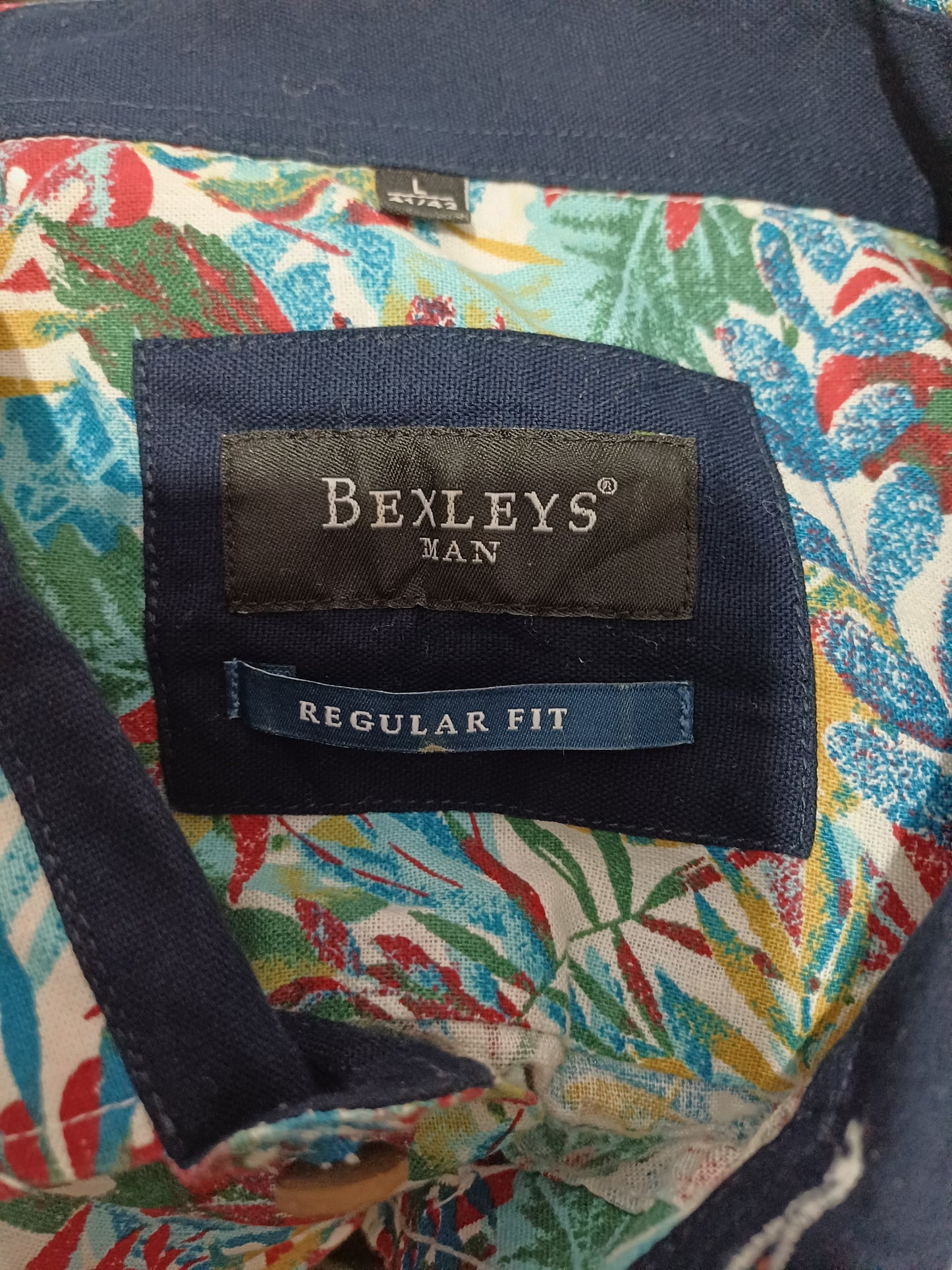Bexleys Man Hawaiian Linen Blend Shirt Multicolour Tropical Leaf Large 25" PTP - Very Good Condition
