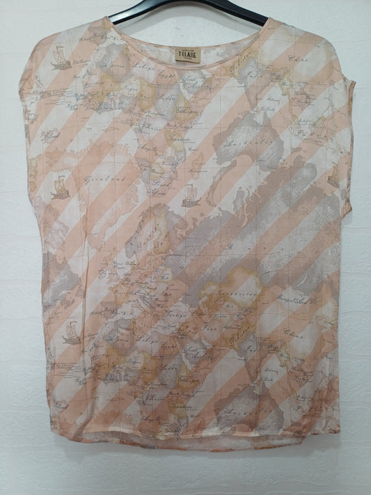 Alviero Martini 1A Classe Beige/Pink Map Print Cap Sleeve Top Size 44/UK12 20" PTP - Very Good Condition