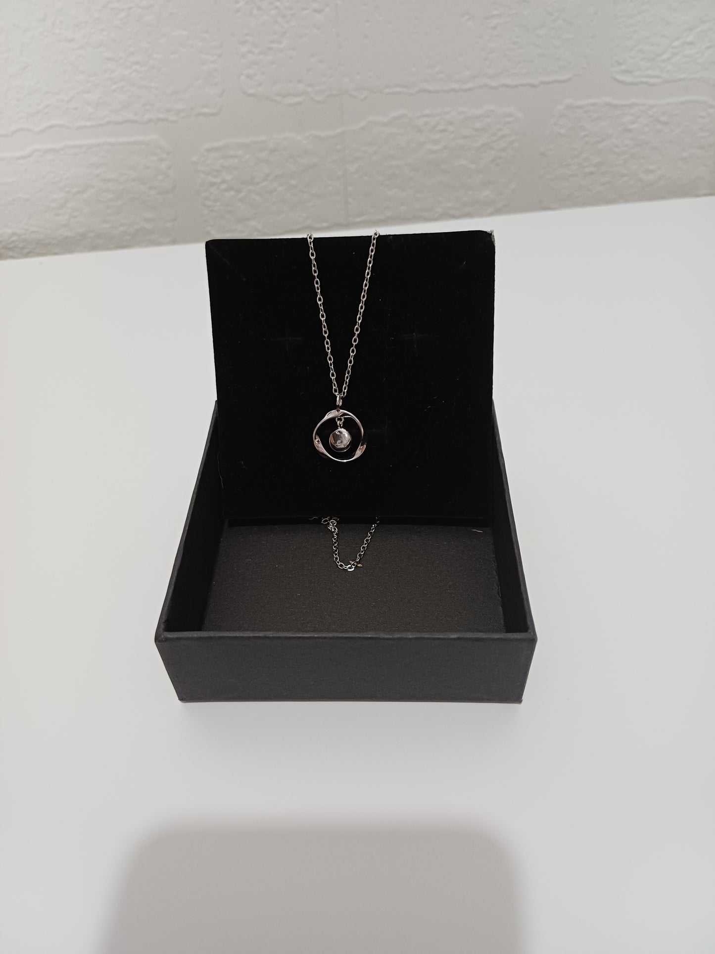 Silver Tone Circle Pendant Crystal Drop Charm Necklace 22cm Minimalist - Very Good Condition