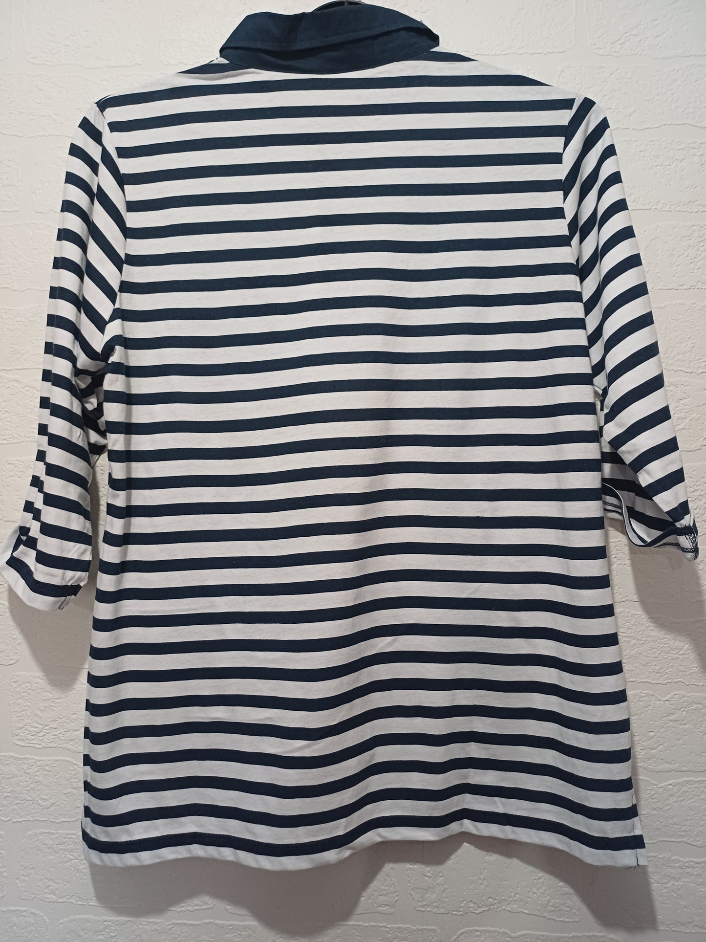 Women's Polo Top Anne De Lancay Navy Blue White Stripe Collared Size L Approx. 21" PTP - Very Good Condition