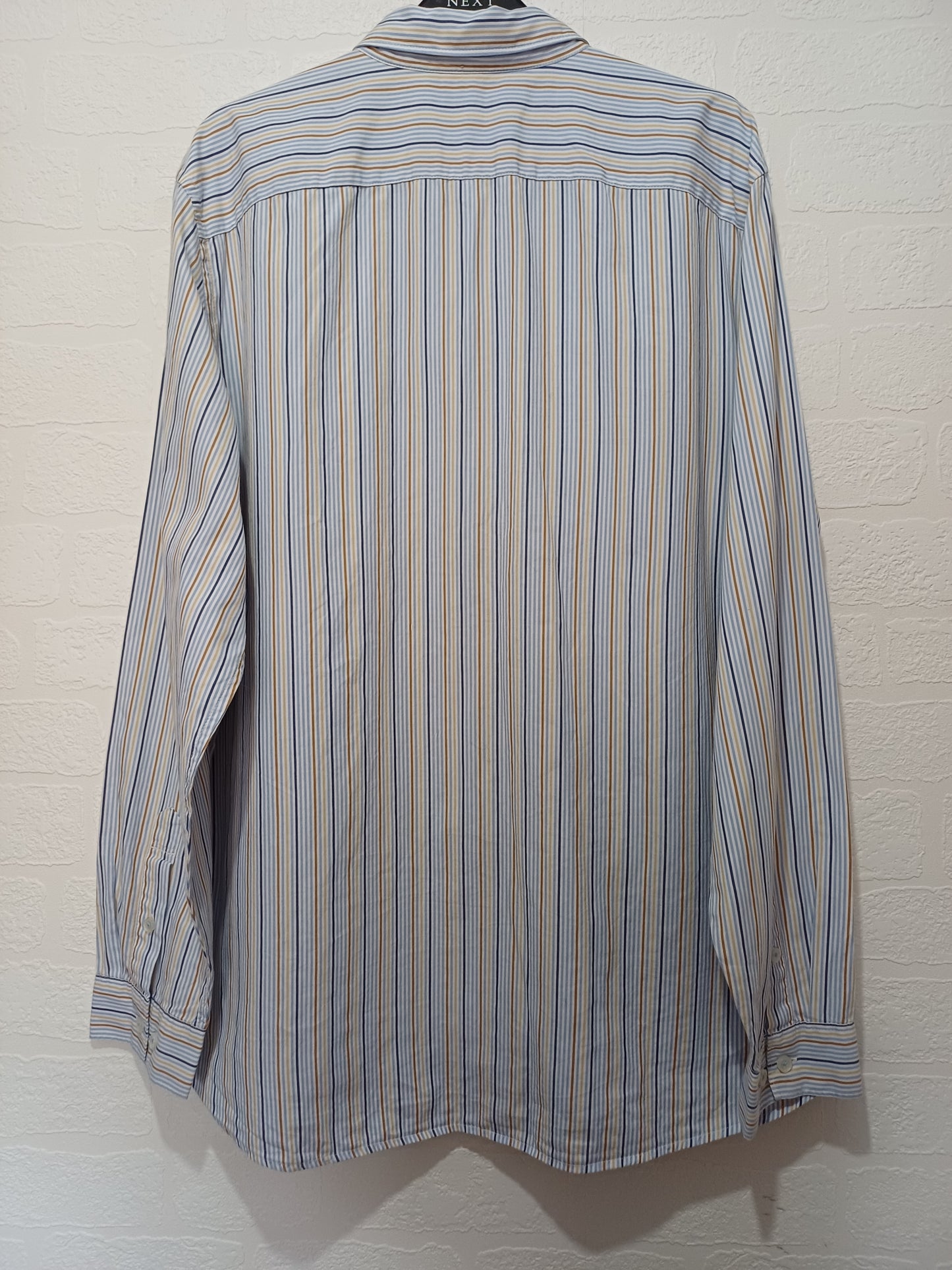 Men's Shirt 7 For All Mankind Light Blue Navy & Mustard Yellow Stripe XL - Very Good Condition