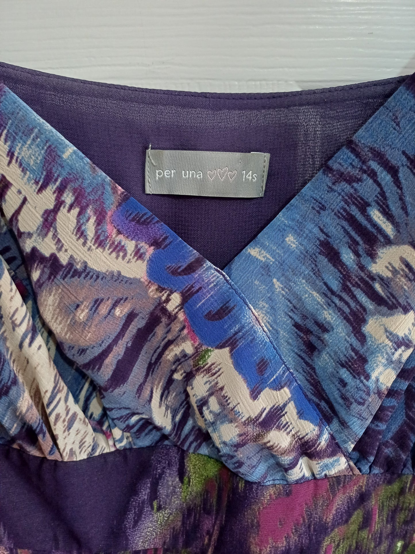 Women's Midi Dress Per Una Green Purple Multicolour Abstract Print Strappy Lined Size 14S - Very Good Condition