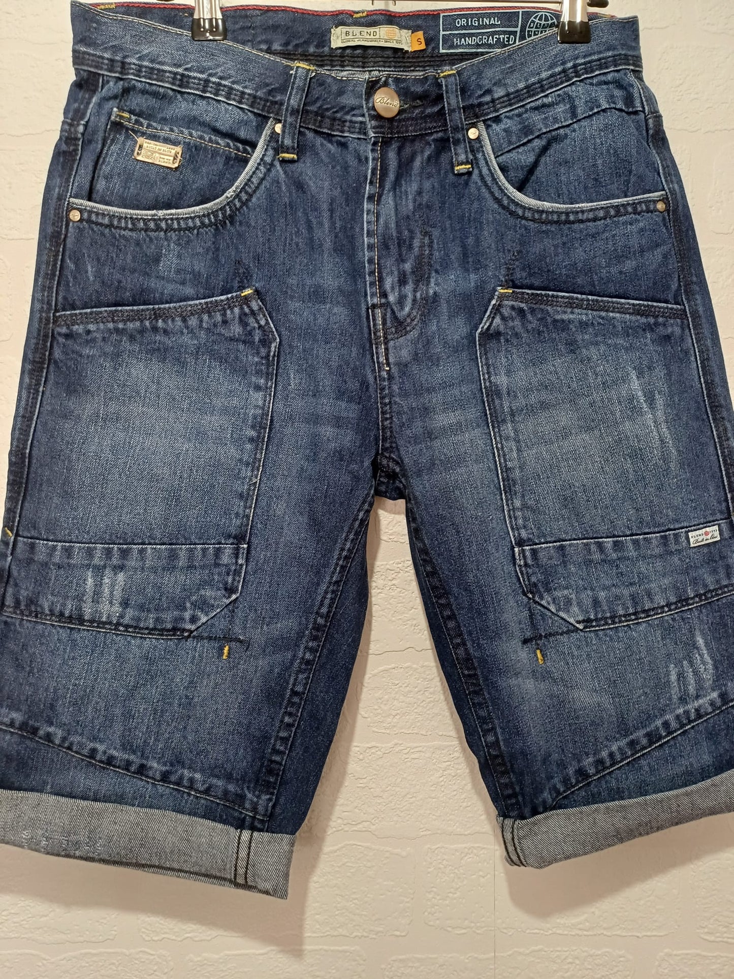 Men's Denim Cargo Shorts Blend Dark Blue Rolled Hem W30 - Very Good Condition