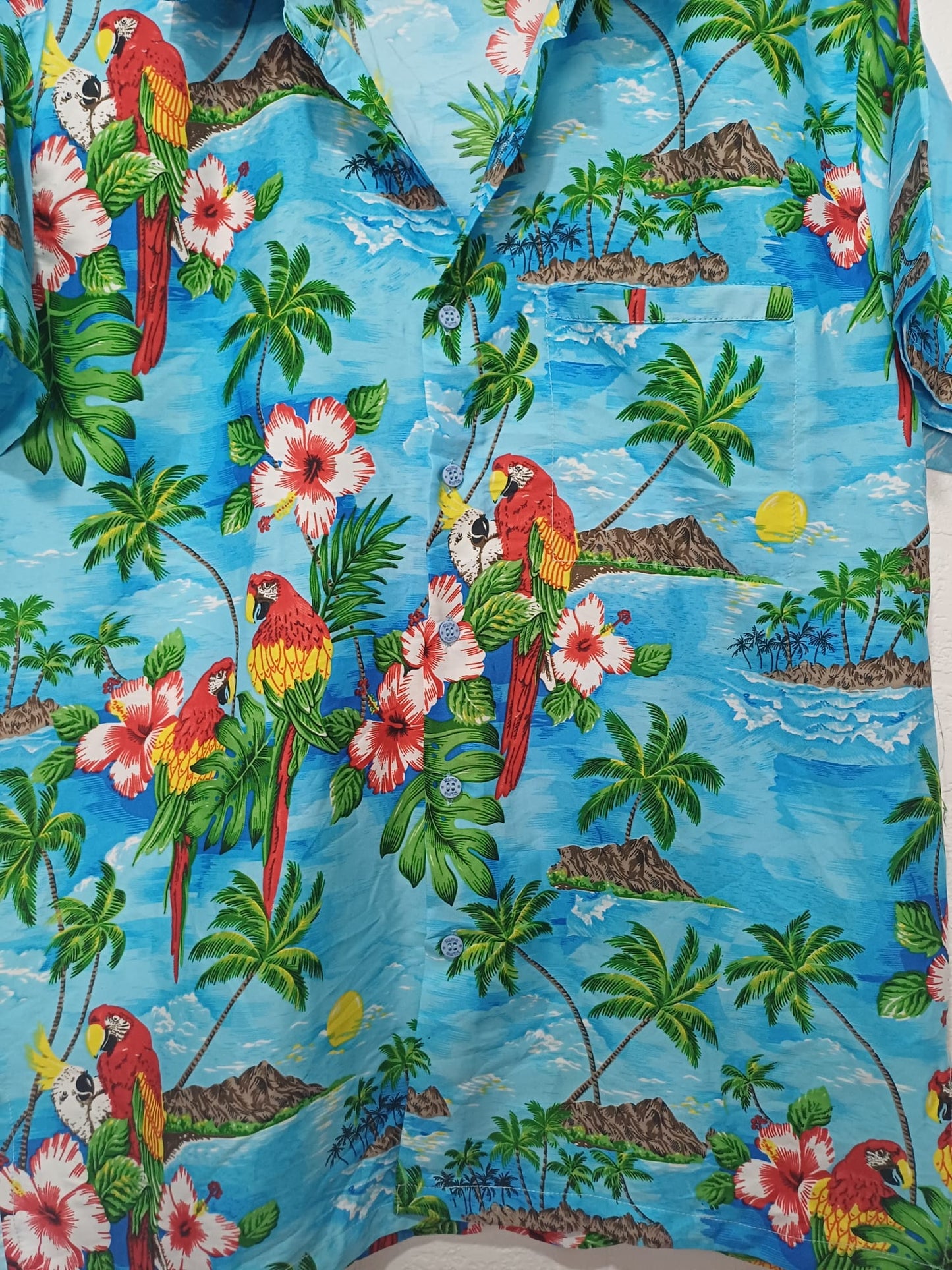 Men's Shirt Rima Floral Parrots Palm Trees Island Print Medium Approx. 22" PTP - Very Good Condition