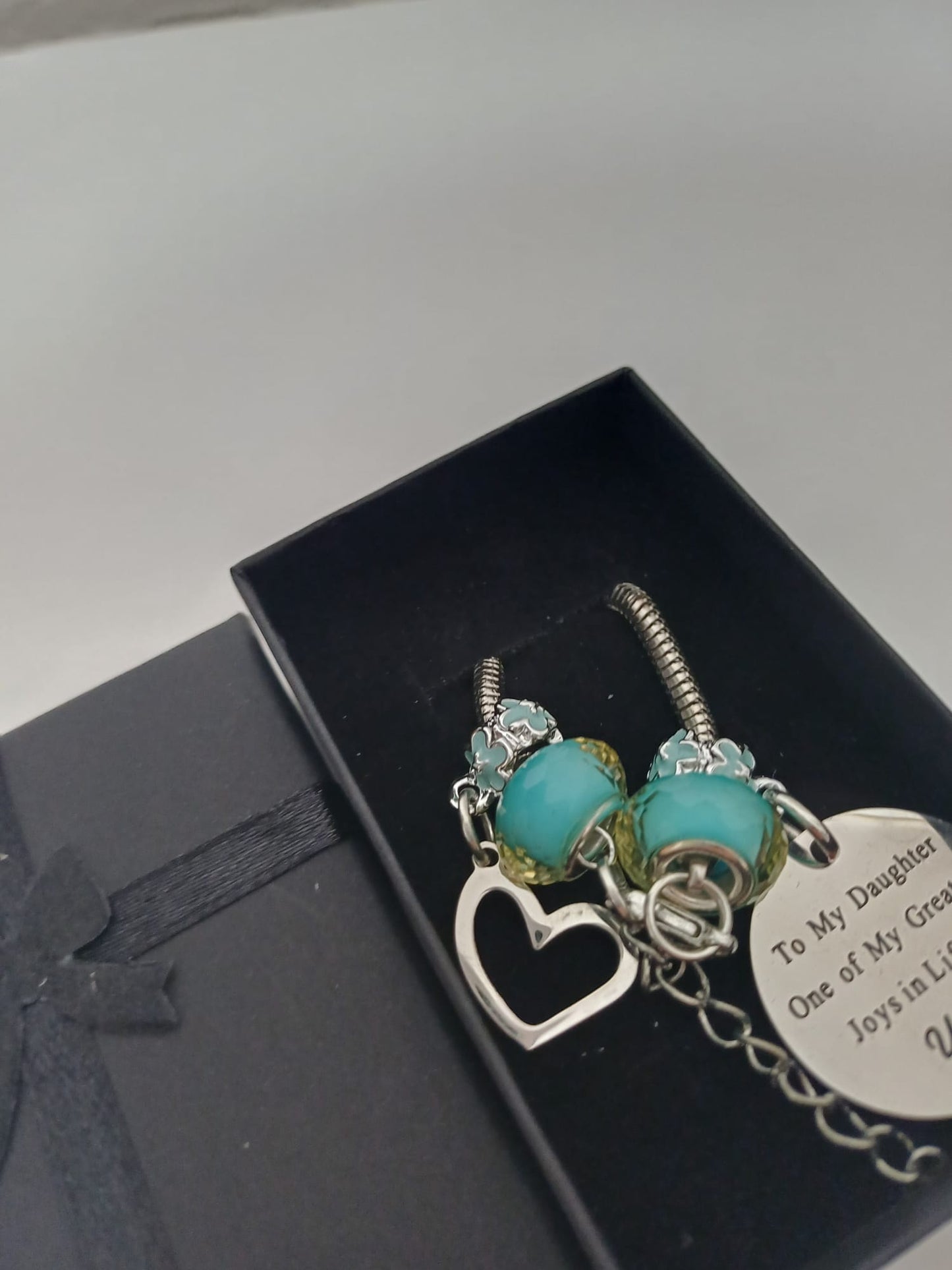 To My Daughter Silver Tone Charm Bracelet Blue Faceted Beads Heart Charm Engraved Pendant Gift Box - New