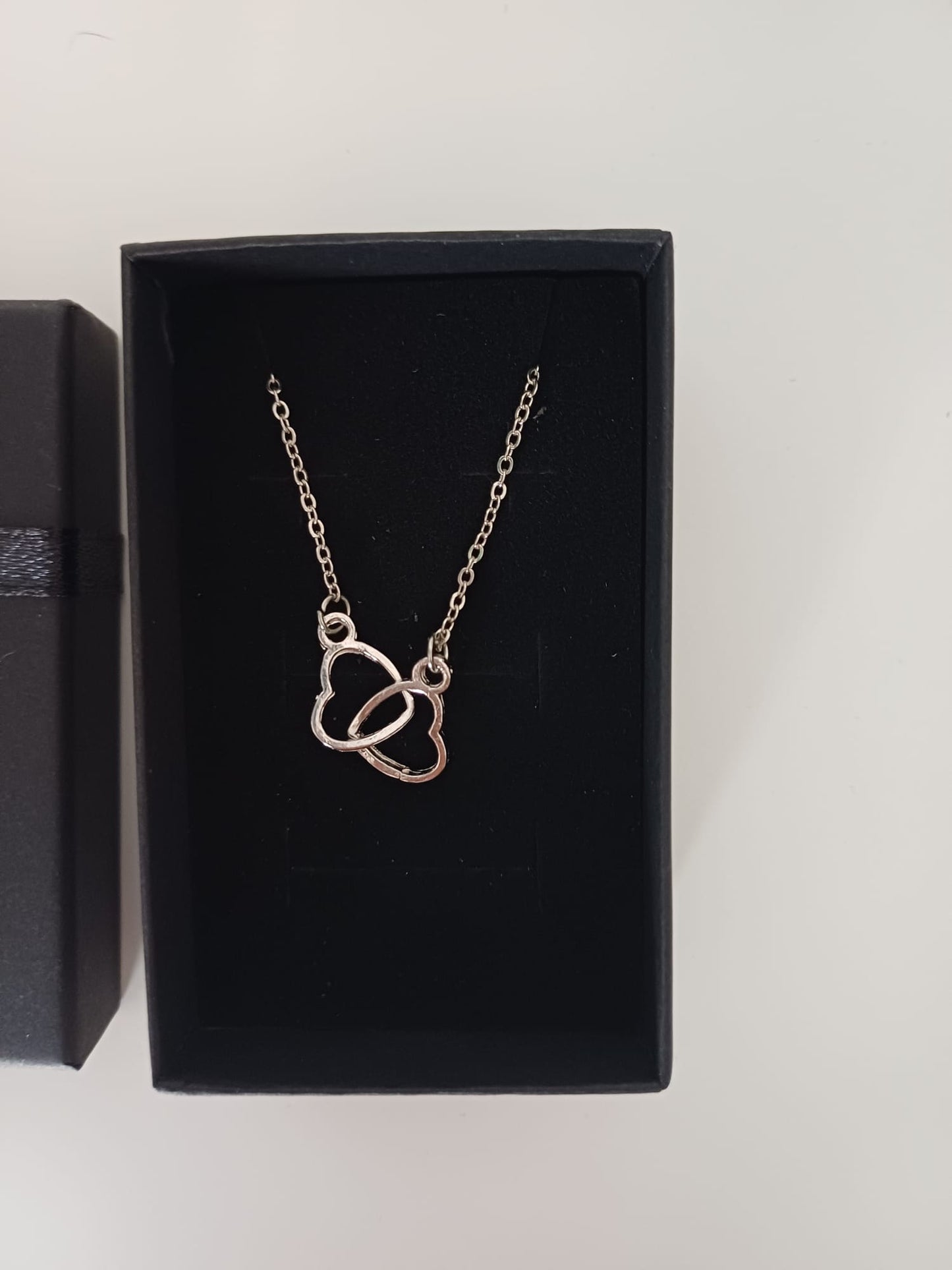 Silver Tone Interlocking Double Heart Pendant Necklace Black Gift Box - New