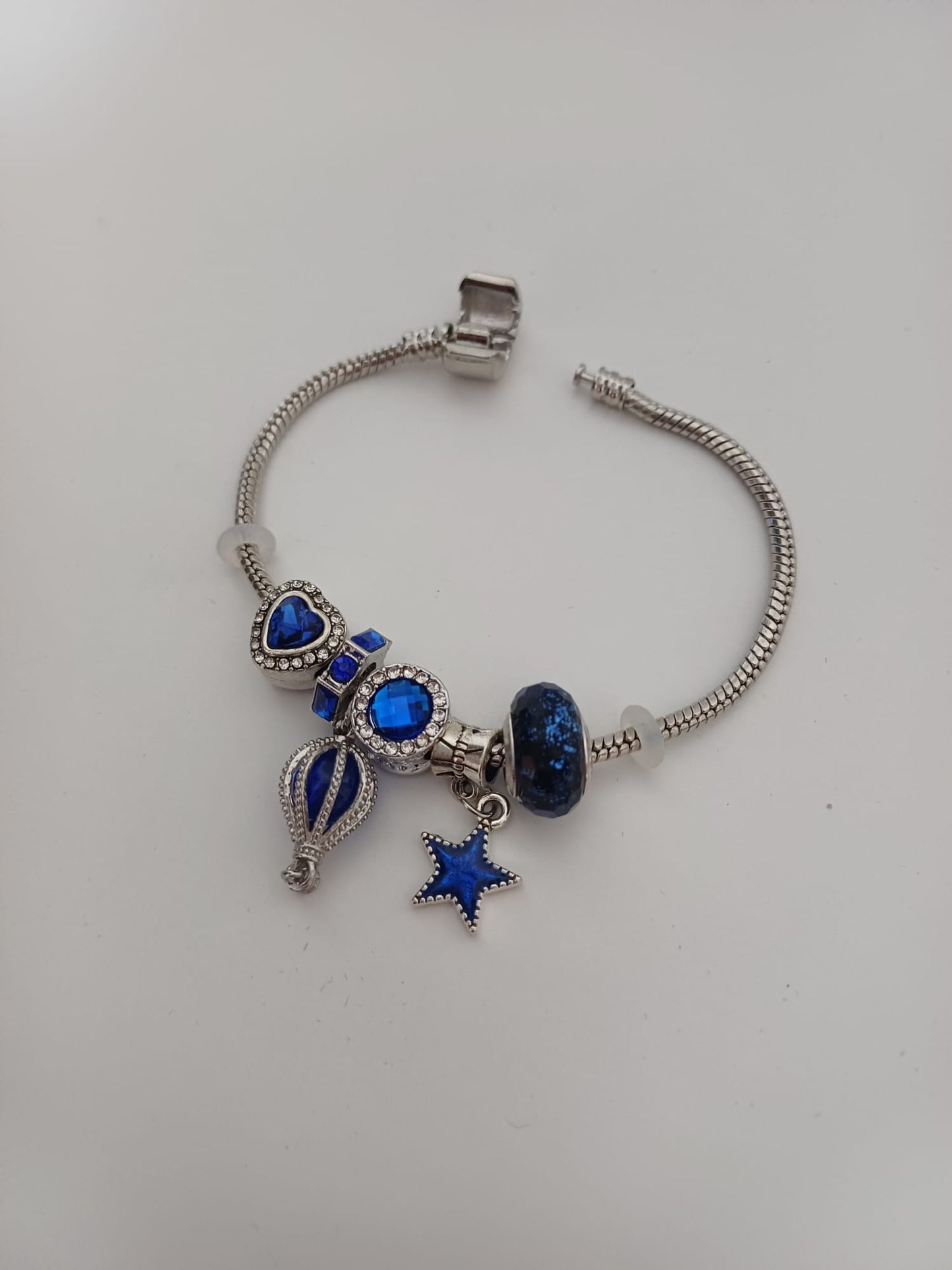 Silver Tone Blue Crystal Charm Bracelet Star Heart Hot Air Balloon Charms Gift Box - New