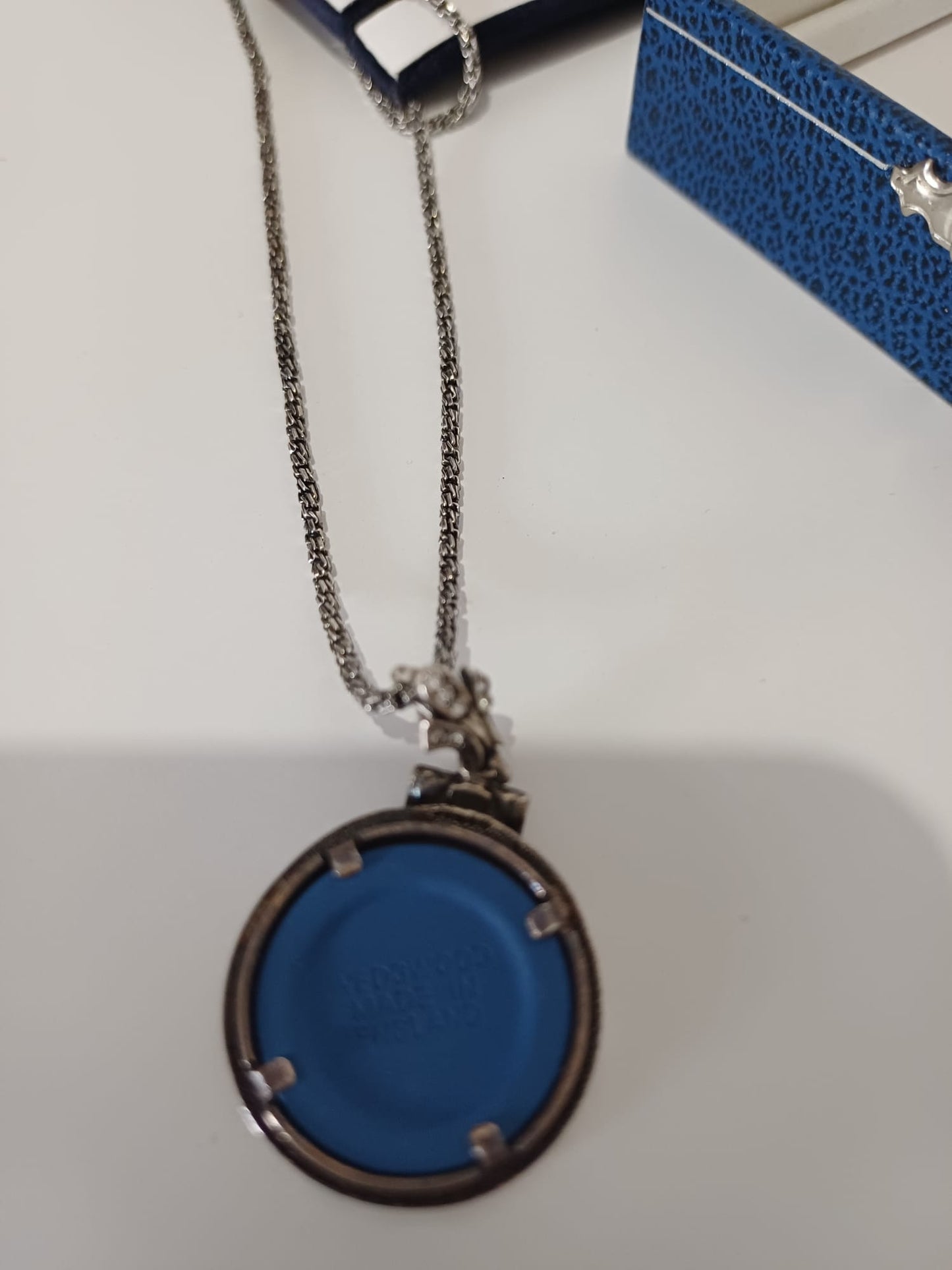 Women's Pendant Necklace Wedgwood Jasperware Sterling Silver Blue Cameo Crystal Vintage Approx. 45.5cm - Very Good Condition