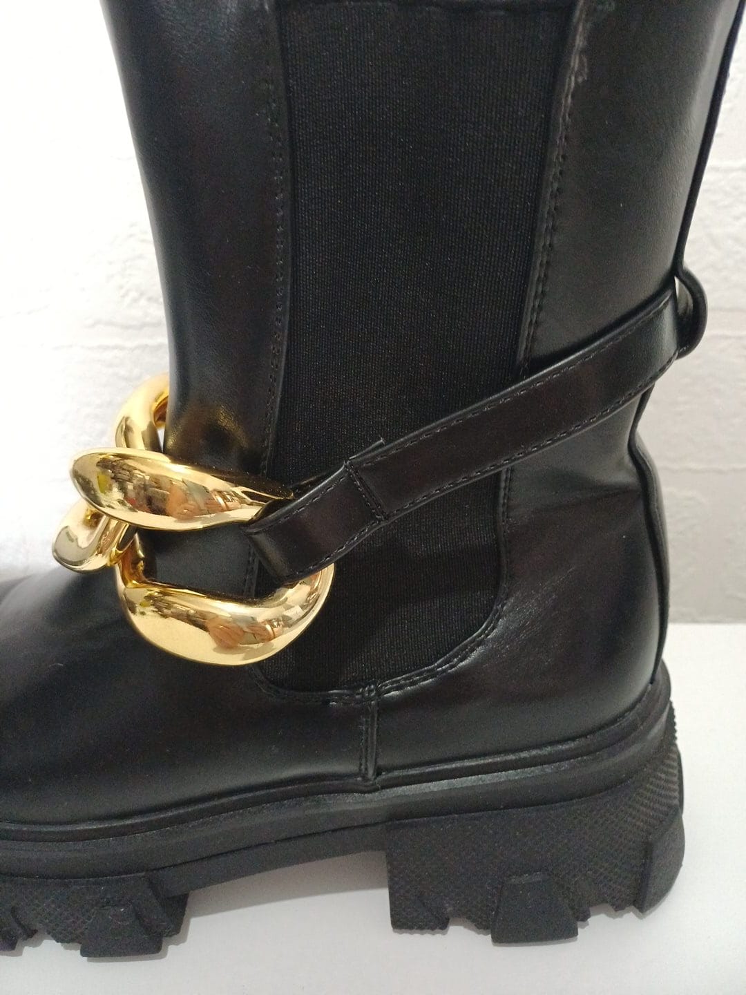 Women's Chelsea Ankle Boots Black Chunky Gold Chain Detail UK 6 - New Without Box