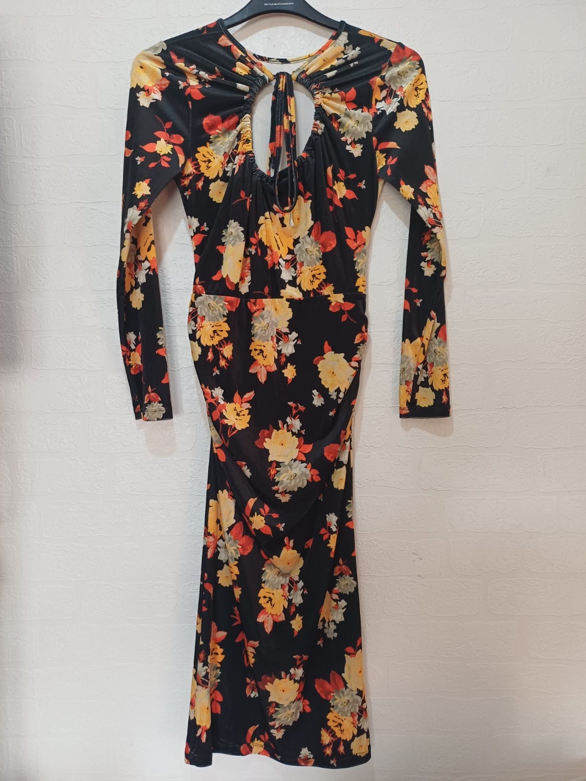 Women's Midi Dress Aura Black Yellow Orange Velvet Feel Bodycon Ruched Keyhole Neck Size 10 Approx. 15" PTP - Very Good Condition