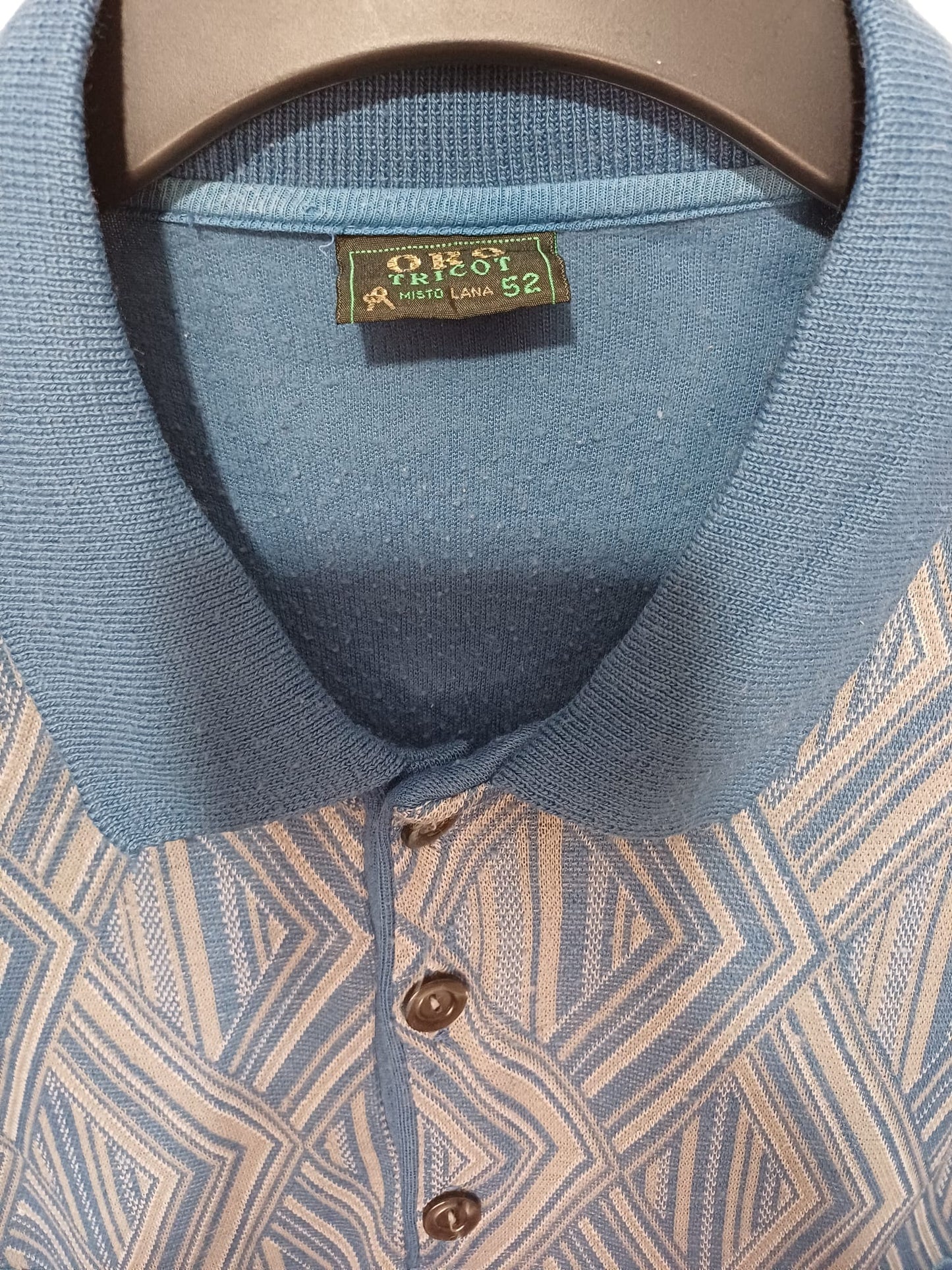 Men's Long Sleeve Polo Shirt Collection Tricot Misto Lana Blue Geometric Pattern Size 52 (M/L) Approx. 20.5" PTP - Good Condition