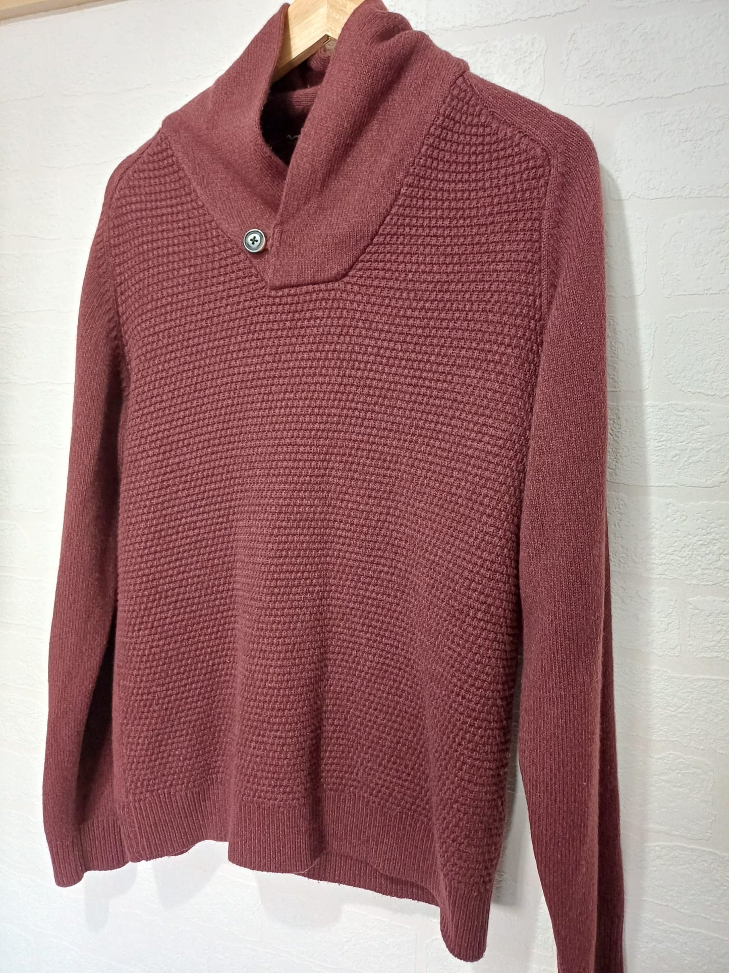 Men's Jumper George Burgundy Textured Knit Shawl Collar Single Button Size M - Very Good Condition