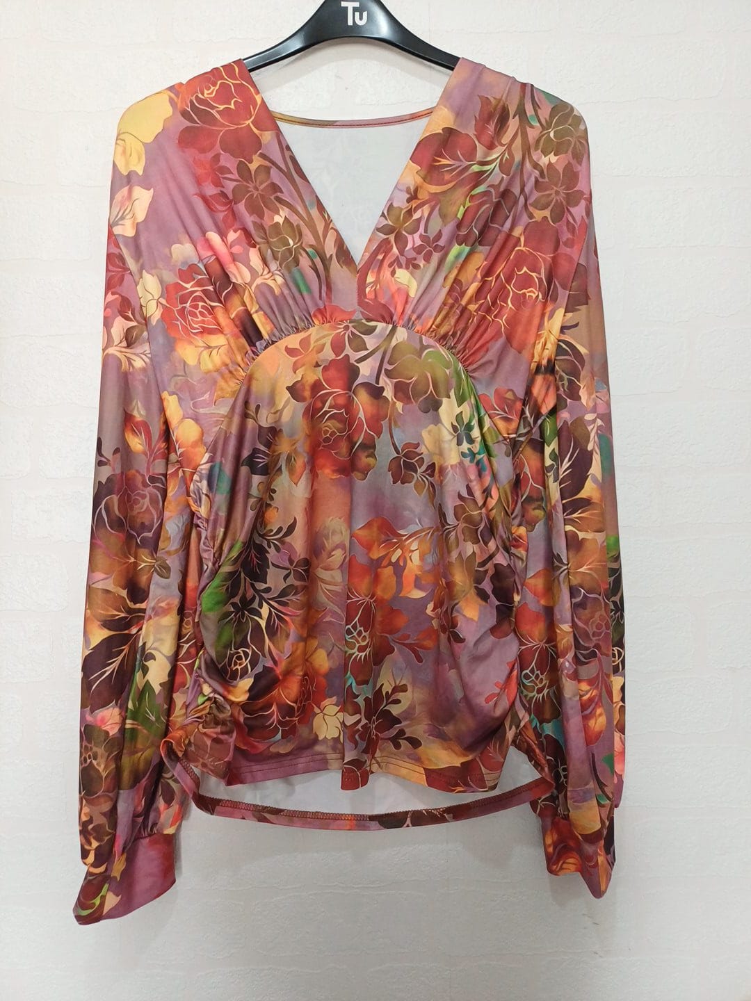 Women's Top Floral Ruched Waist Tunic Long Sleeve V Neck Stretch XXL - Very Good Condition