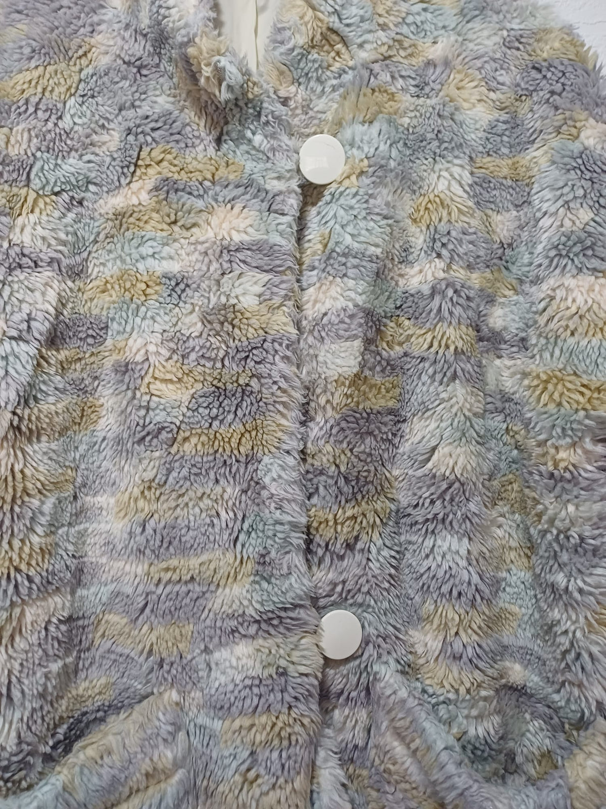 Women's Coat Fluffy Teddy Fleece Pastel Grey Blue Cream Oversized Size UK 14-16 Approx. 23" PTP - Good Condition