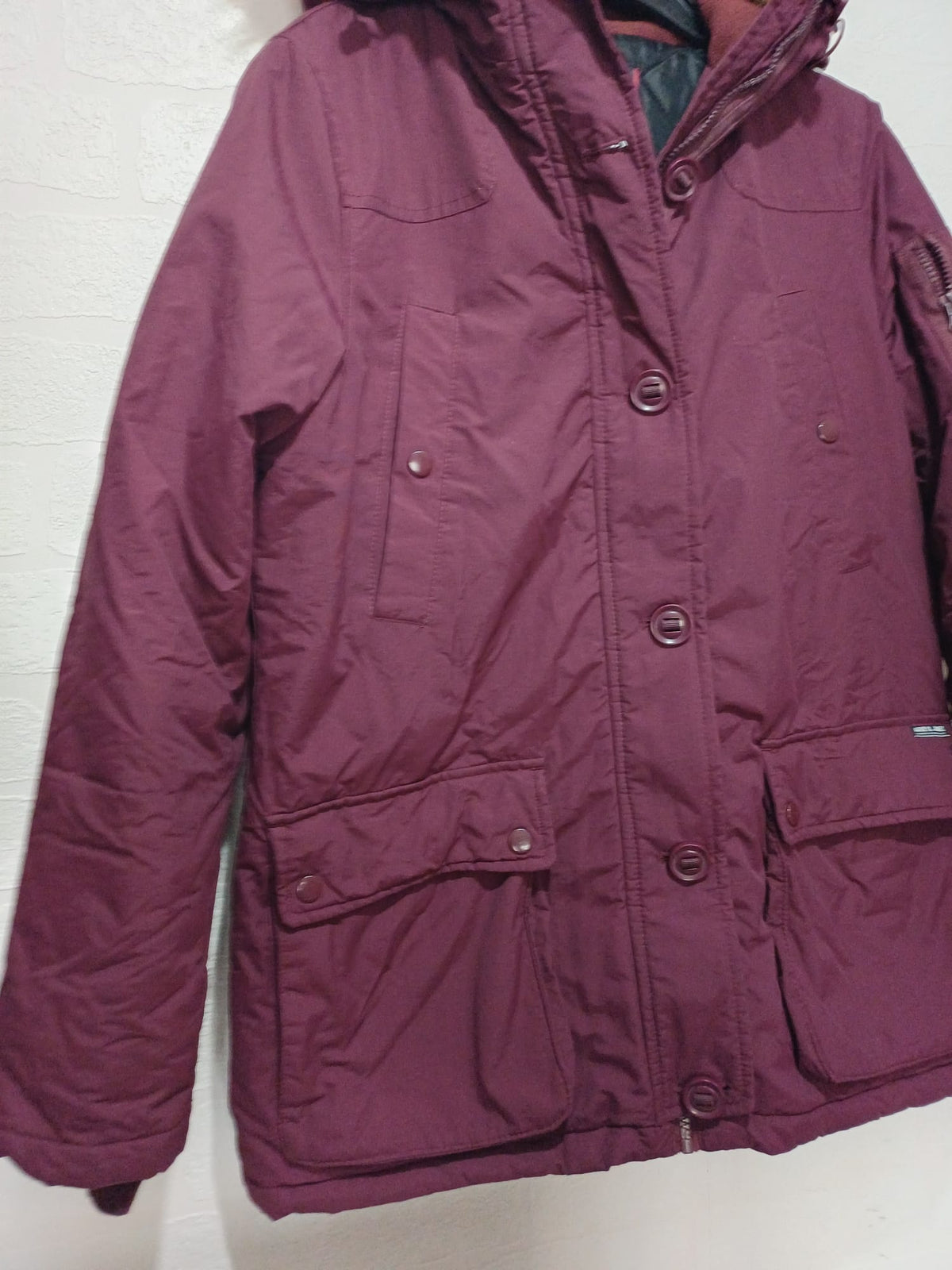 Women's Coat Harvey & Jones Burgundy Hooded Padded Parka Faux Fur Trim Size M Approx. 20" PTP - Good Condition
