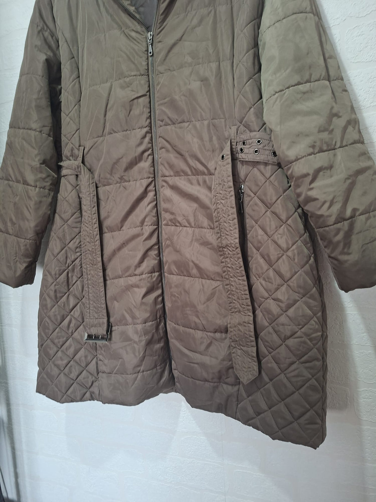 Women's Coat M&S Brown Quilted Puffer Long Belted XL Approx. 24" PTP - Very Good Condition