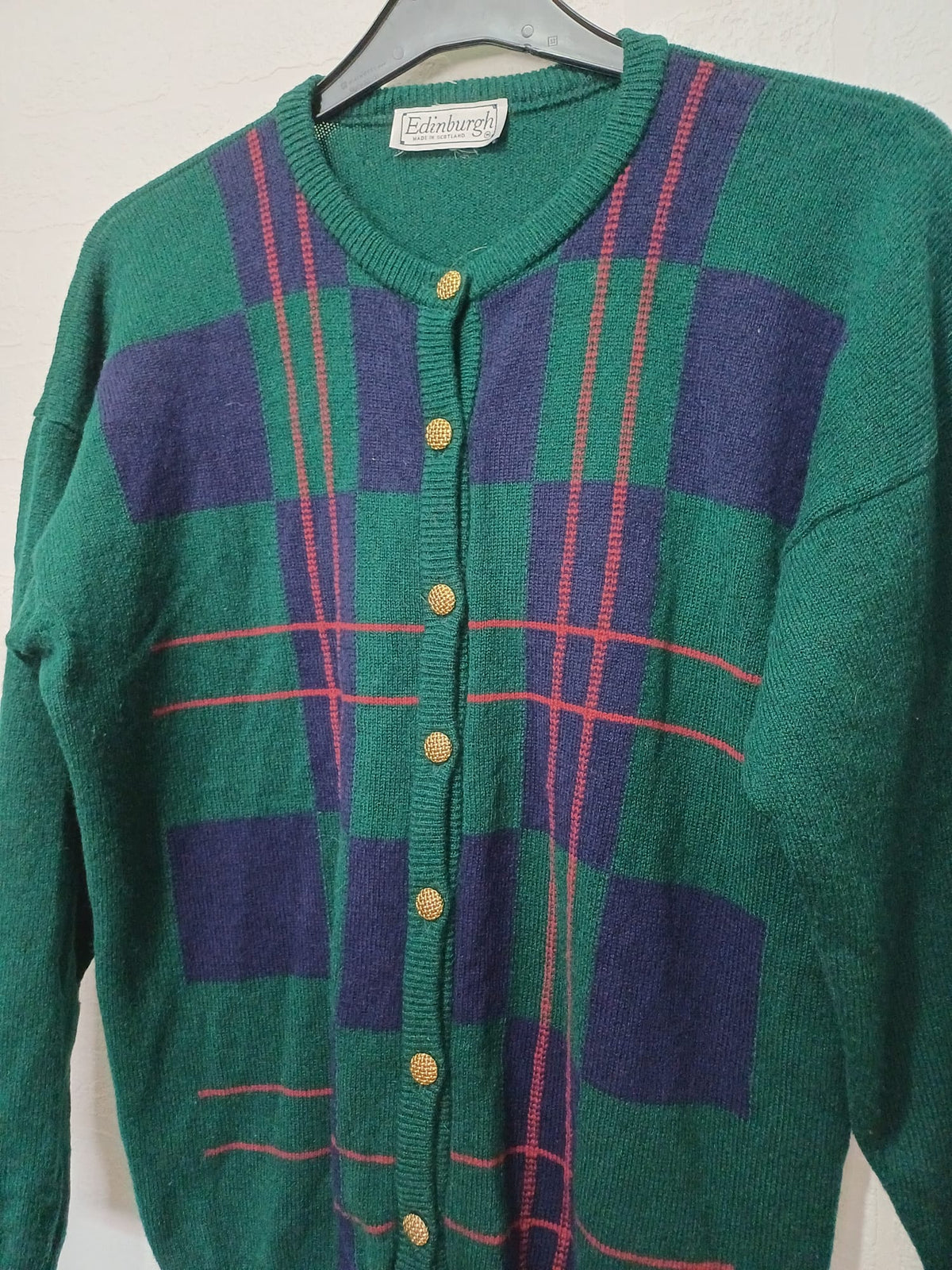 Women's Cardigan Edinburgh Green Tartan Vintage Lambswool Size M Good Pre-Owned Condition