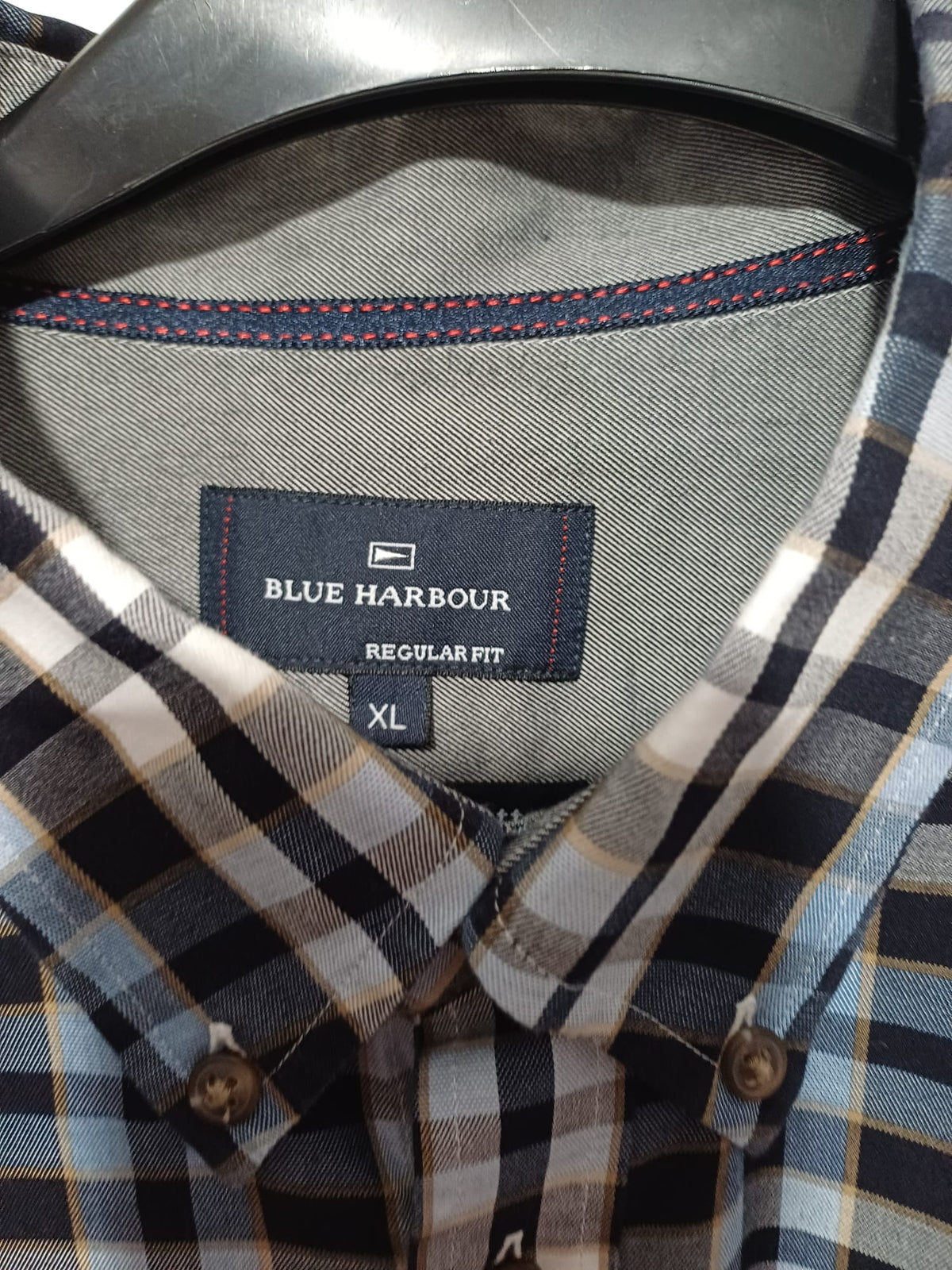 Men's Shirt M&S Blue Harbour Navy/Light Blue/White/Brown Check Long Sleeve Button-Down Collar Chest Pocket Size XL Regular Fit Very Good