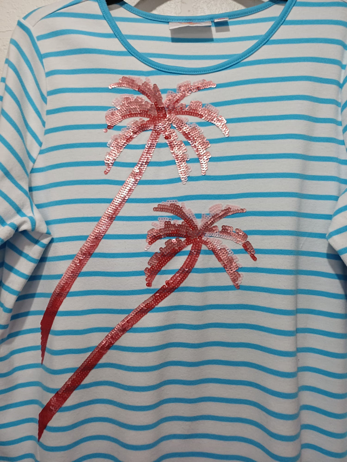Women's Top Quacker Factory by Jeanne Bice White/Turquoise Blue Striped Pink Sequin Palm Tree Short Sleeve Size L Very Good