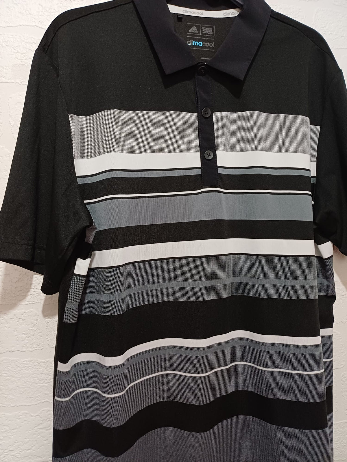 Men's Polo Shirt Adidas ClimaCool Black/Grey/White Striped Golf Size M Great Condition