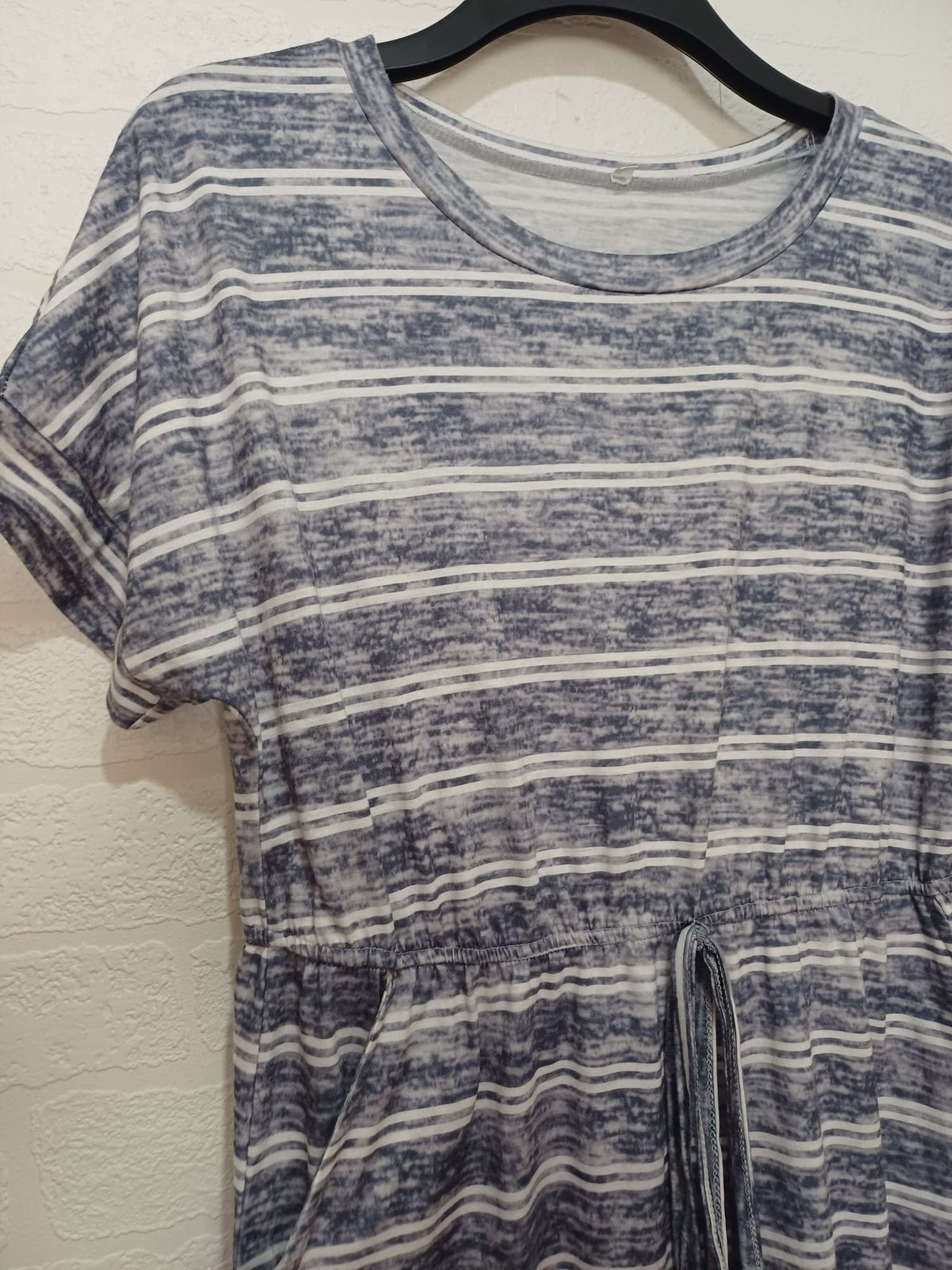 Women's Midi Dress Blue Grey White Striped Drawstring Size M Very Good Condition
