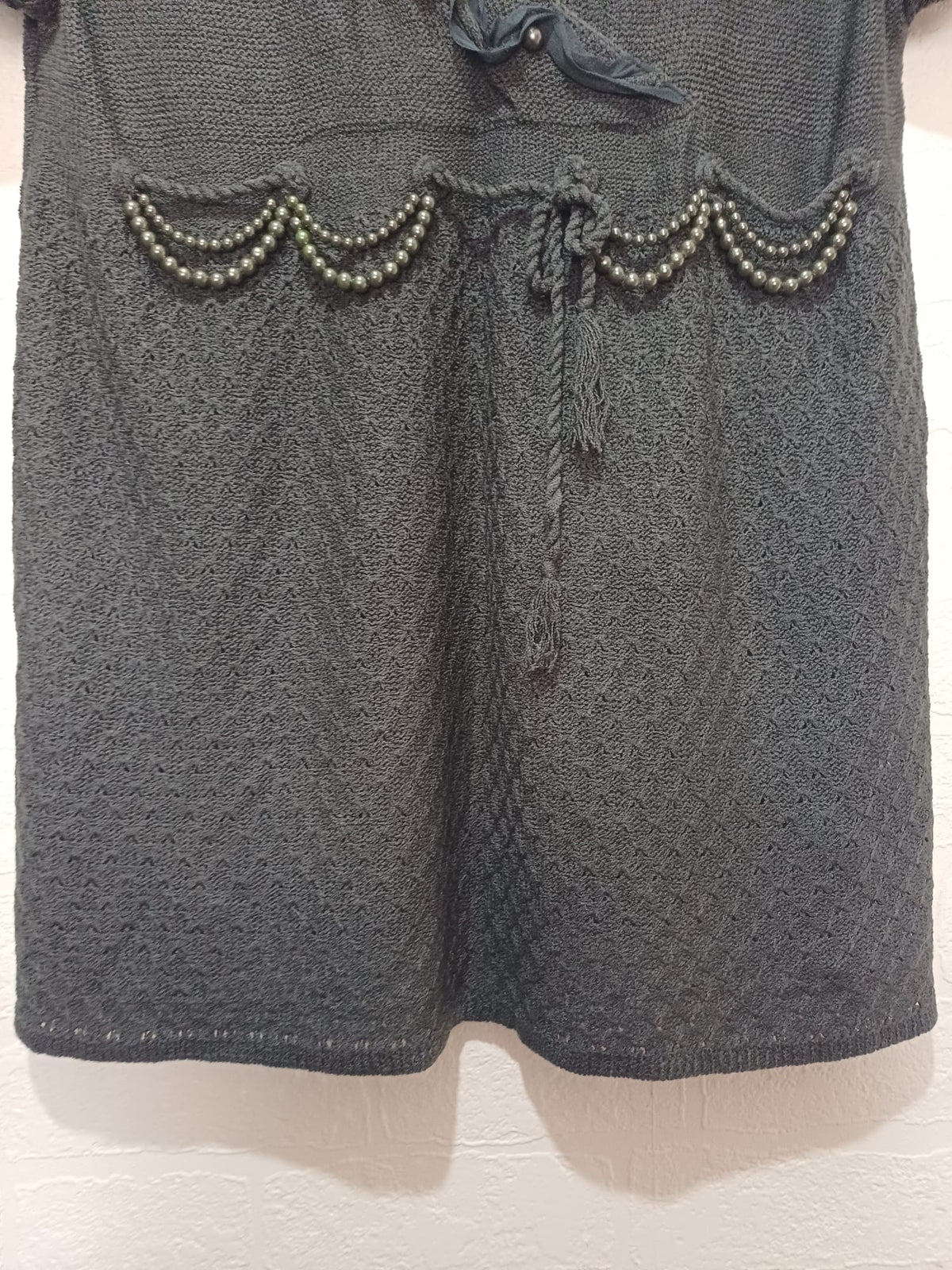 Women's Tunic Top Vogue Dark Grey Beaded Short Sleeve Open Knit Size L (Approx. UK 12–14) Very Good Condition