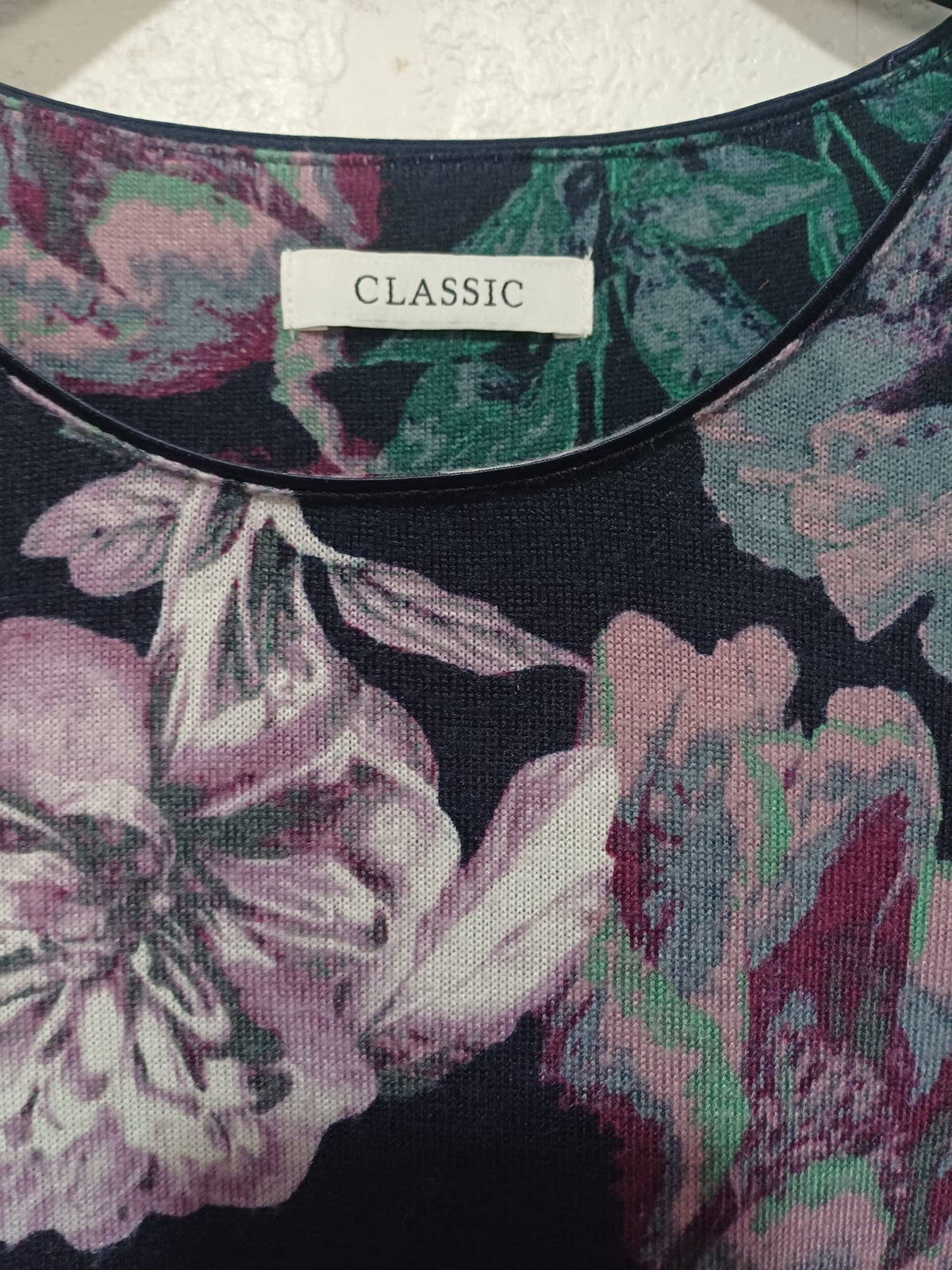 Women's Top M&S Classic Navy Floral Long Sleeve Tunic UK 10 Very Good Pre-Owned Condition