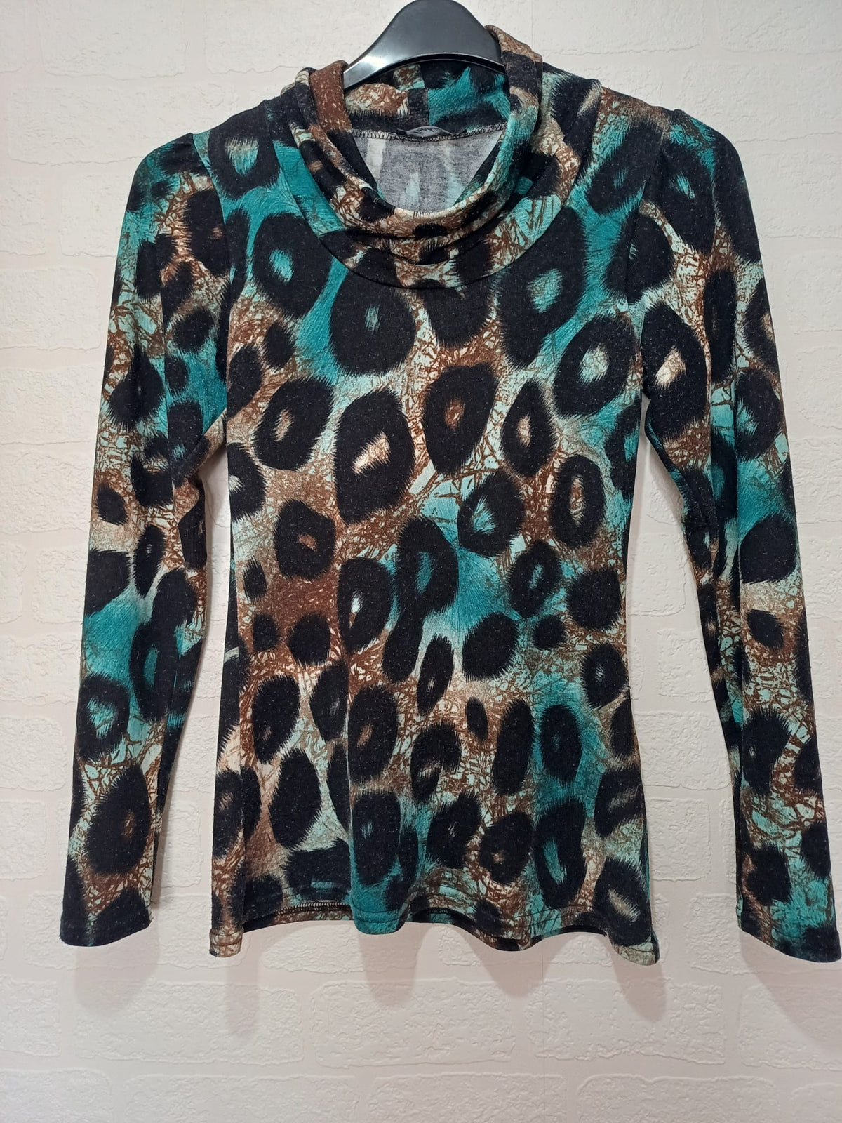 Women's Top Sophie B Teal Brown Black Animal Print Cowl Neck Long Sleeve Size 10 Very Good Condition