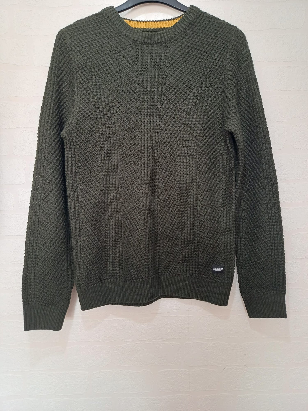 Men's Jumper Jack & Jones Olive Green Textured Knit Crew Neck Size Medium Very Good Condition