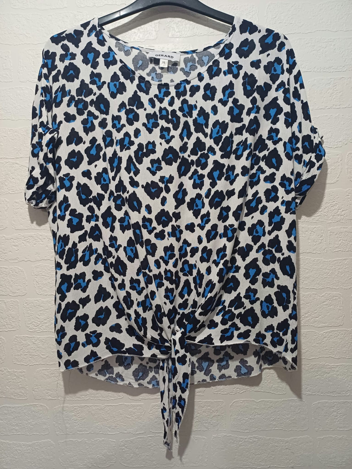 Women's Blouse Gerard Blue Black & White Animal Print Short Sleeve Tie-Front Size 16 Excellent Condition