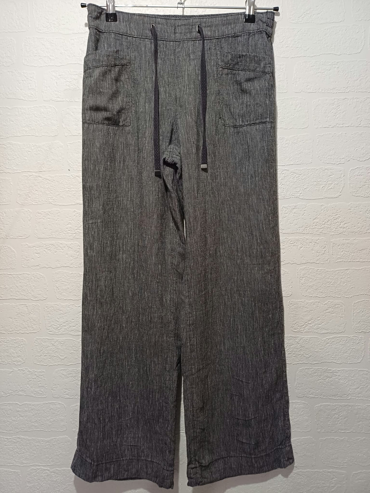Women's Trousers Grey Linen Blend Wide Leg Drawstring Waist Size 10 Very Good Condition