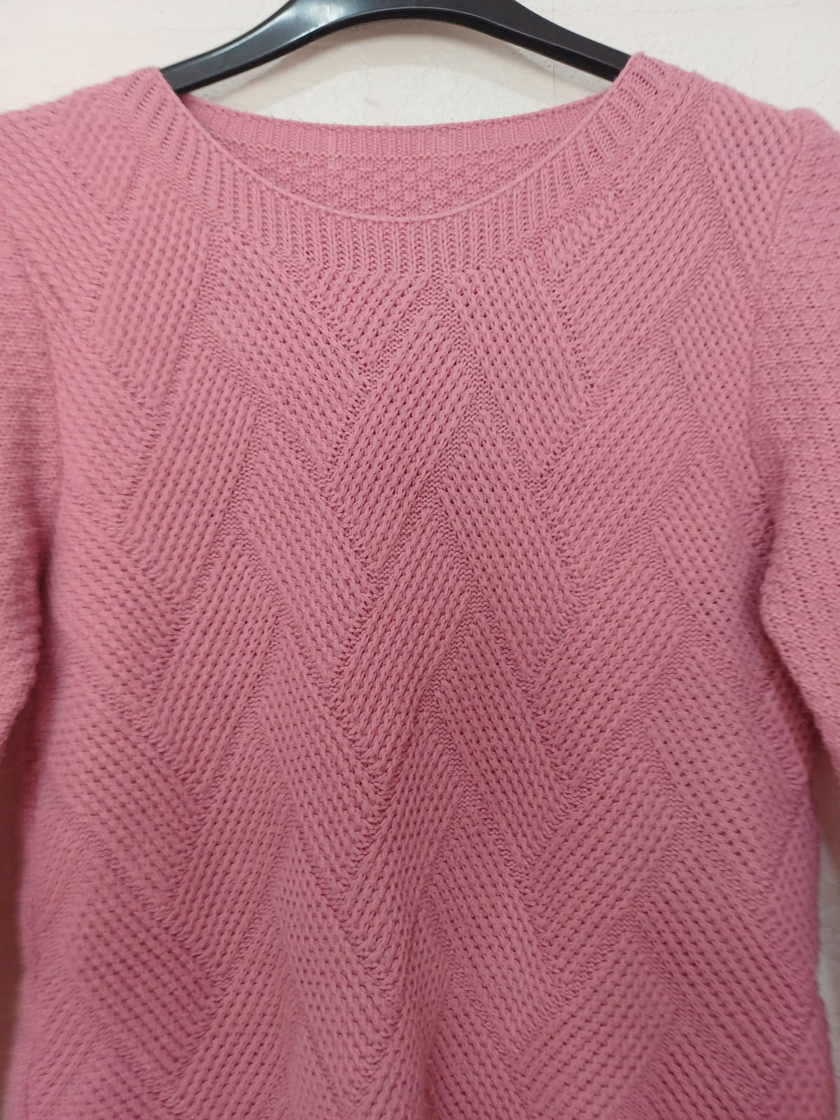Women's Pink Chevron Knit Jumper 3/4 Sleeve Crew Neck Size UK 10 (No Size Label) Very Good Condition
