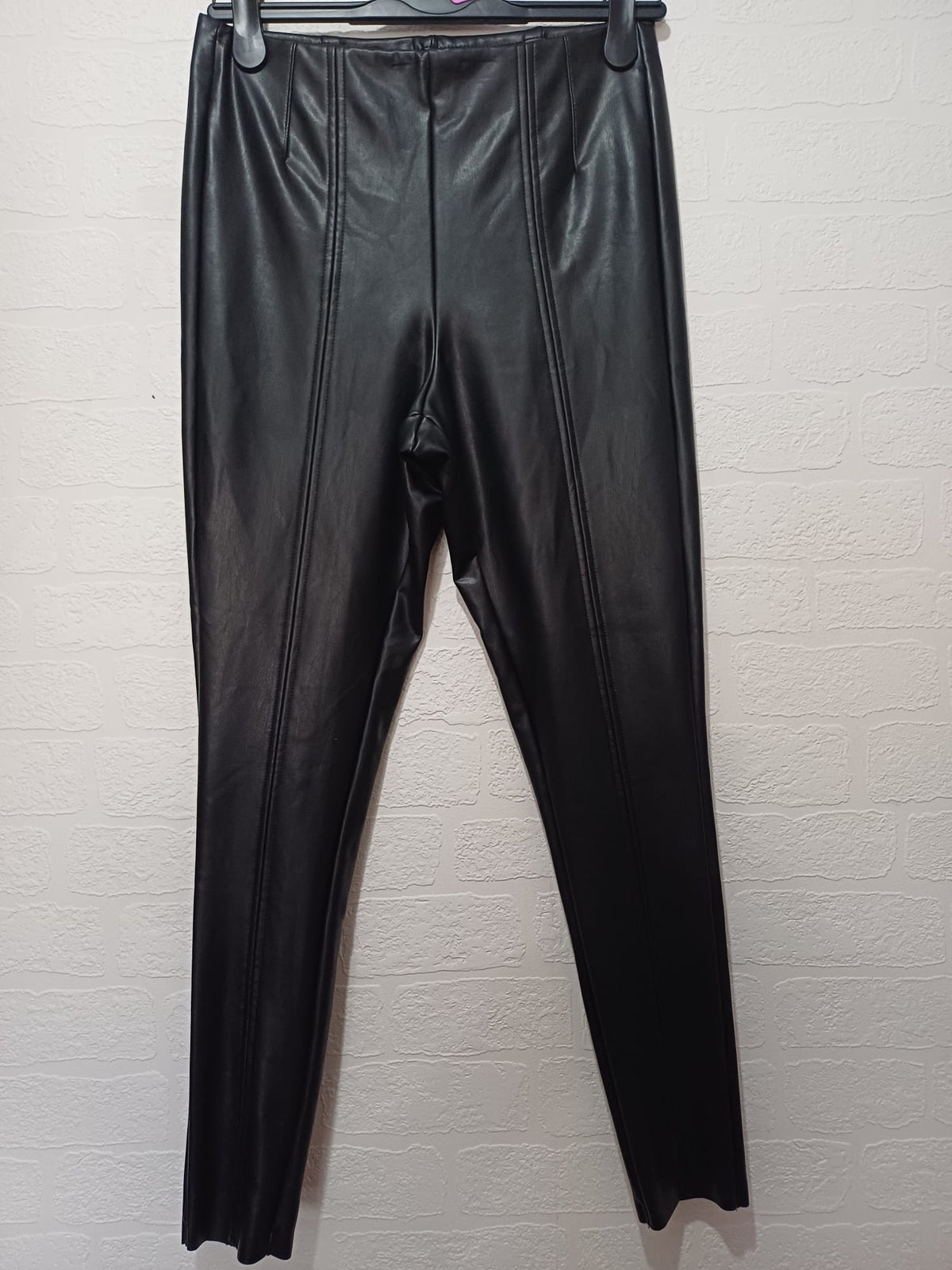 Women's Leggings F&F Black Faux Leather Front Faux Suede Back Stretch UK 12 Regular Very Good Condition