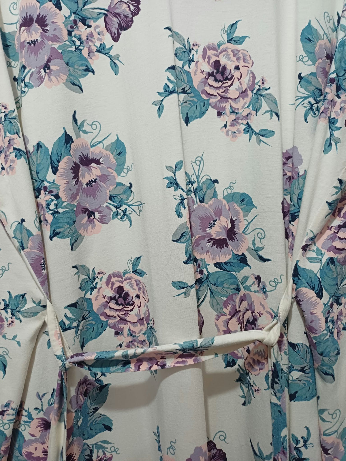 Women's Dressing Gown M&S White & Pink Floral Longline Tie Belt Size 16 Very Good Condition