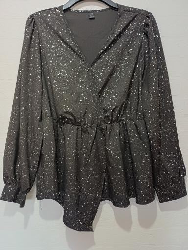 SHEIN Curve Black & White Speckled Wrap Peplum Blouse Plus Size 3XL Approx. 22" PTP - Very Good Condition