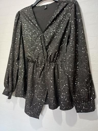 SHEIN Curve Black & White Speckled Wrap Peplum Blouse Plus Size 3XL Approx. 22" PTP - Very Good Condition