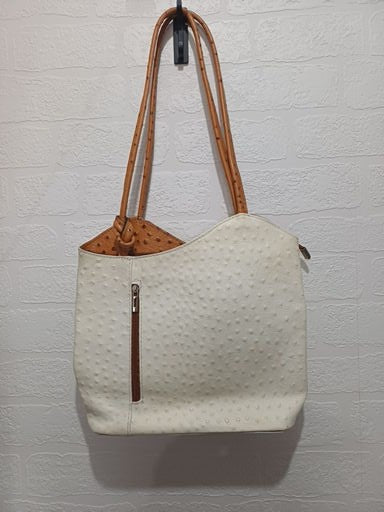 Handbag Converts Into Backpack White Tan Zip Pockets Preloved - Good Condition
