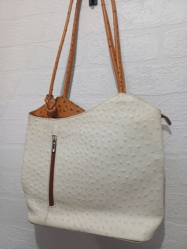 Handbag Converts Into Backpack White Tan Zip Pockets Preloved - Good Condition