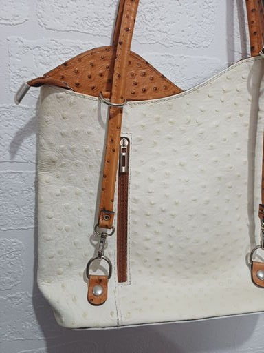 Handbag Converts Into Backpack White Tan Zip Pockets Preloved - Good Condition