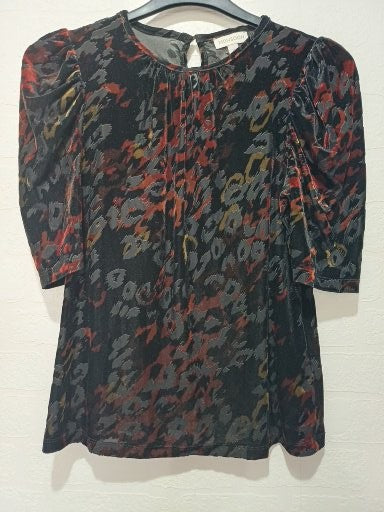Women's Top Monsoon Black Copper Khaki Velvet Feel Leopard Print Puff Sleeve Size M Approx. 18" PTP - Very Good Condition