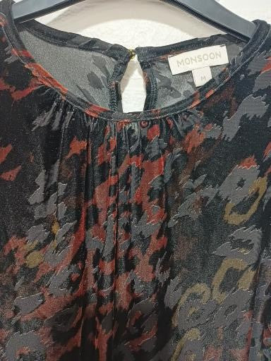 Women's Top Monsoon Black Copper Khaki Velvet Feel Leopard Print Puff Sleeve Size M Approx. 18" PTP - Very Good Condition