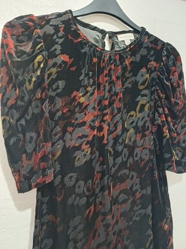 Women's Top Monsoon Black Copper Khaki Velvet Feel Leopard Print Puff Sleeve Size M Approx. 18" PTP - Very Good Condition