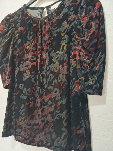 Women's Top Monsoon Black Copper Khaki Velvet Feel Leopard Print Puff Sleeve Size M Approx. 18" PTP - Very Good Condition
