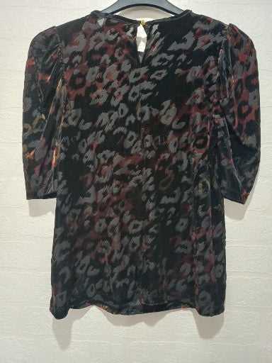 Women's Top Monsoon Black Copper Khaki Velvet Feel Leopard Print Puff Sleeve Size M Approx. 18" PTP - Very Good Condition
