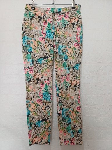 Women's Trousers Topshop Blue Multi Floral Tropical Print Straight Leg Size 8 Approx. 28" W 25.5" L - Very Good Condition