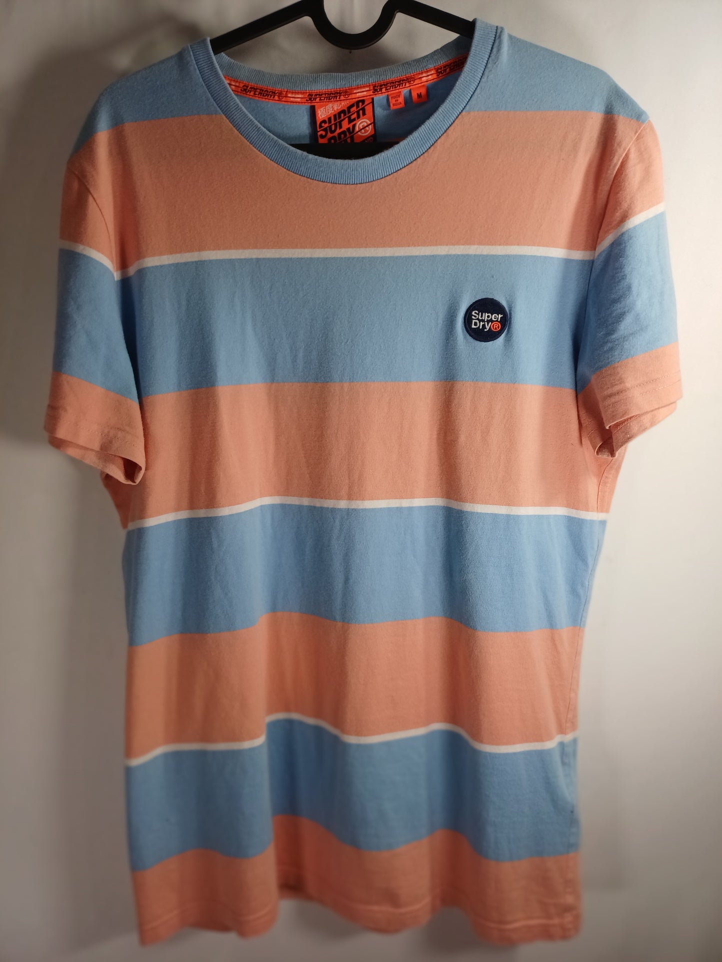 Superdry Men's Blue and Peach Stripes Top Medium 19" PTP - Very Good Condition
